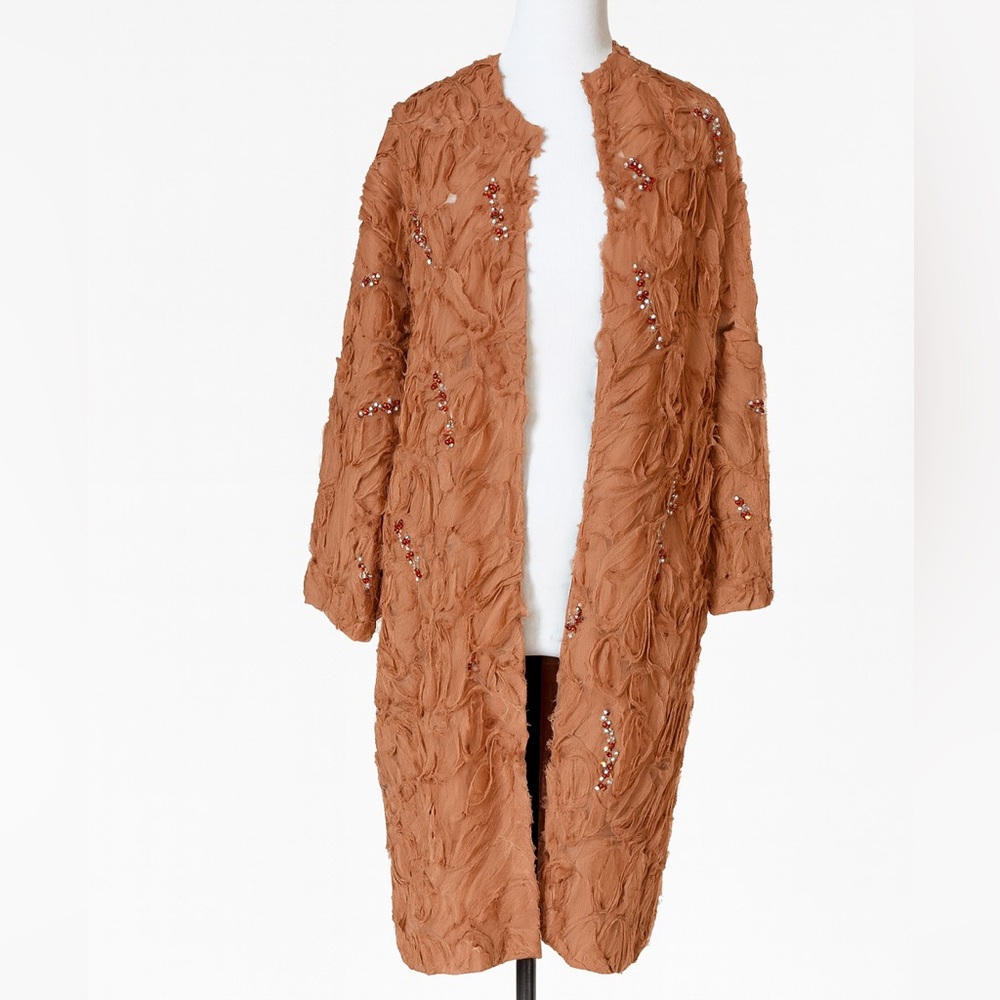 Zara 3D textured coat, pearls, beads in Rosette Embellished Duster Terracotta